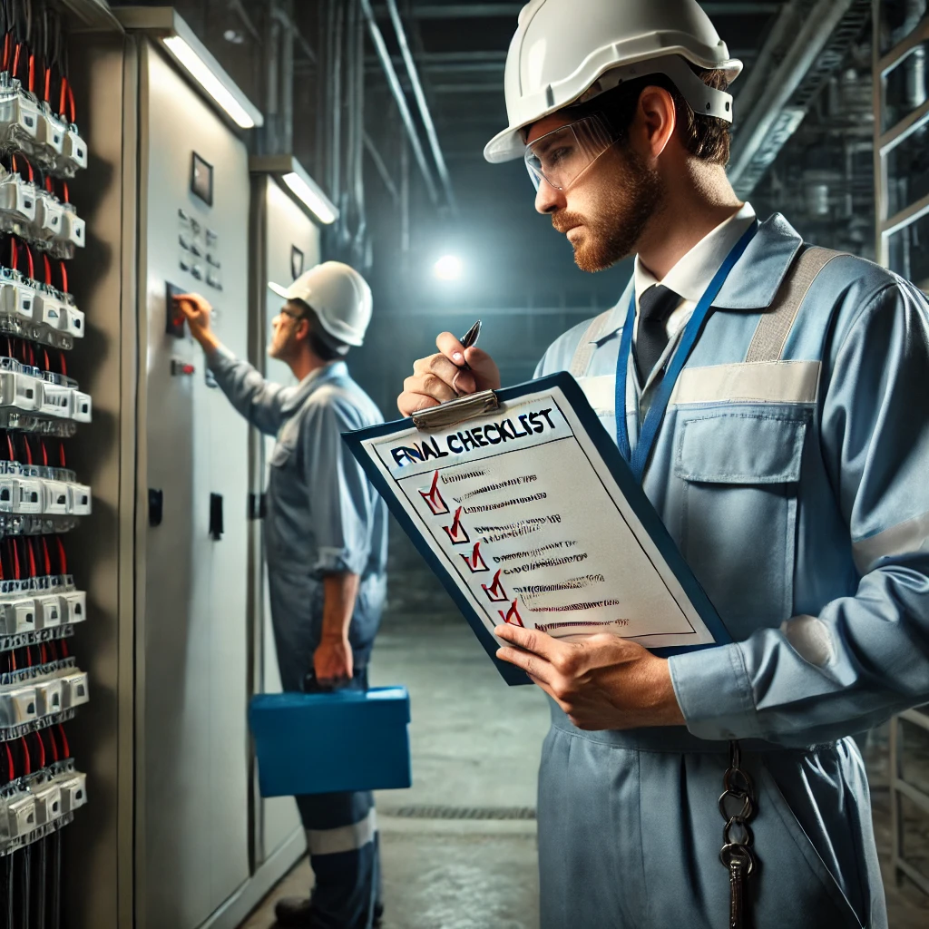 Muestra a un inspector realizando un checklist de aprobación para garantizar que las instalaciones cumplen con la norma.