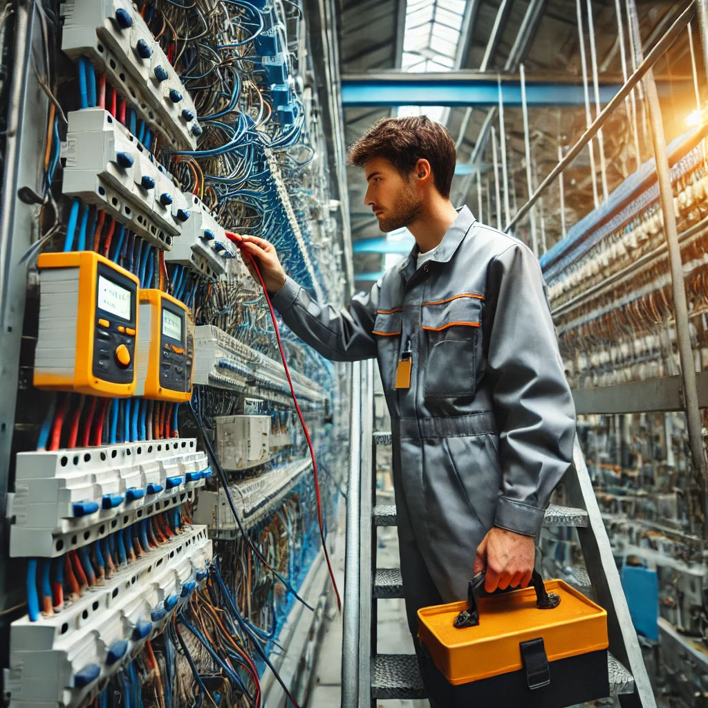 Muestra a un trabajador industrial inspeccionando las instalaciones eléctricas en una planta industrial.