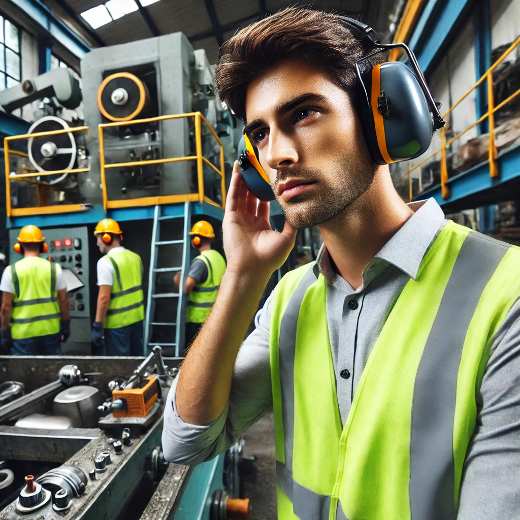 Muestra a trabajadores industriales usando uniformes de seguridad y audífonos de protección mientras operan maquinaria ruidosa.