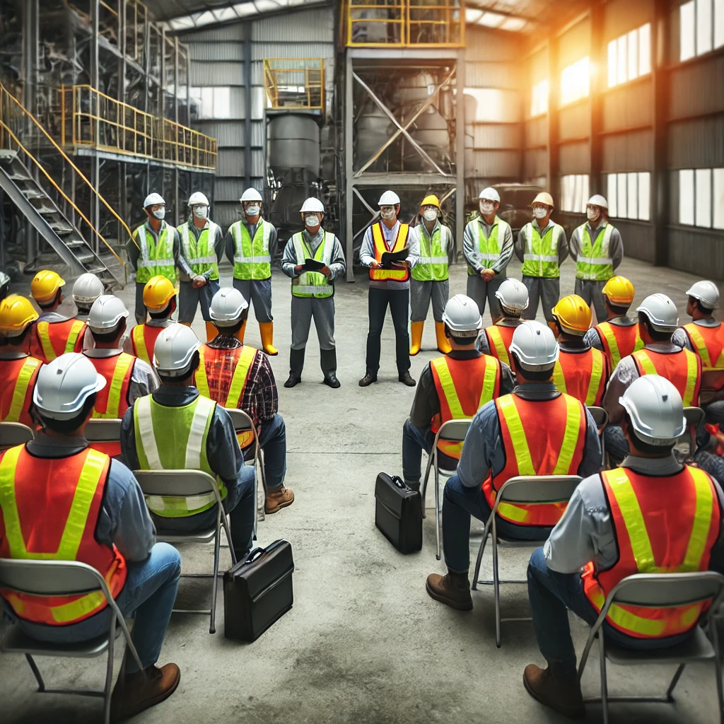 Muestra a un grupo de la planta explicando como se distribuiran los cursos a operadores dentro de las instalaciones del ramo industrial.